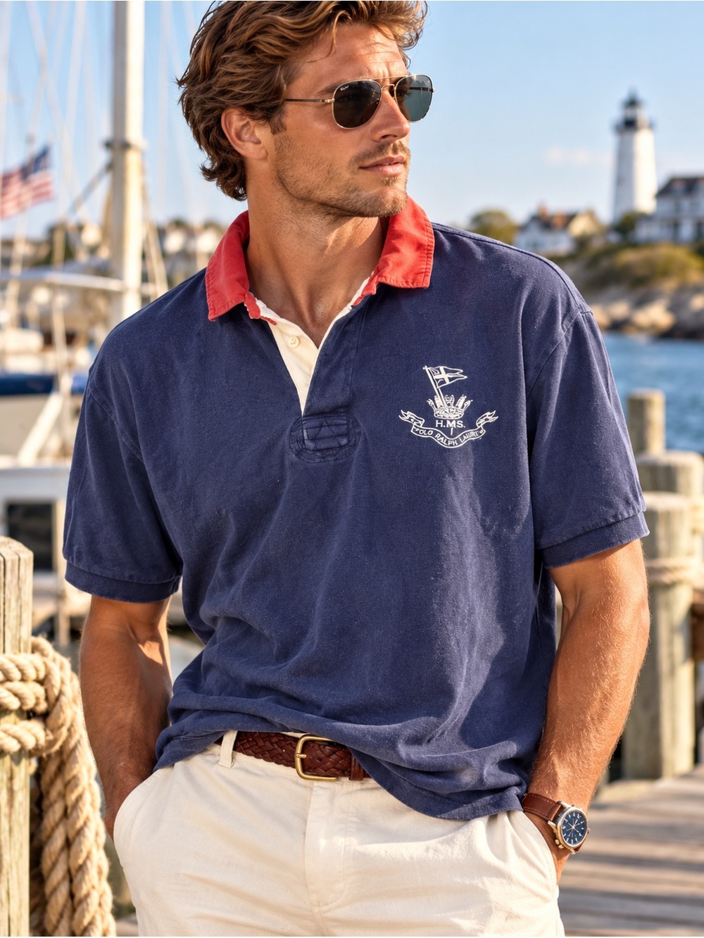 Vintage Polo Ralph Lauren HMS Nautical Rugby Polo Shirt Men’s L Navy Red